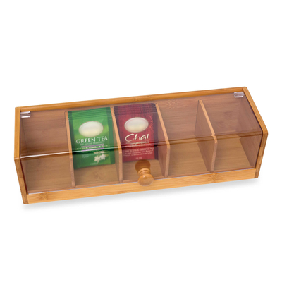 天然 の 竹 の 茶 の 箱 と 5 つの 部屋 を 用い て,茶 の 袋 を 効率 的 に 整理 する