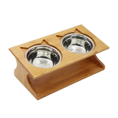 35x17.5x13cm バンブー 高い 犬 猫 食品 スタンド 飼料 スタンド 2 ステンレス スチール 高い ボウル 顧客 ロゴ